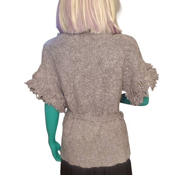 Vertical Design Women’s Gray Fringe Knit Cardigan Sweater Short Sleeve Open Fron - Picture 3 of 10